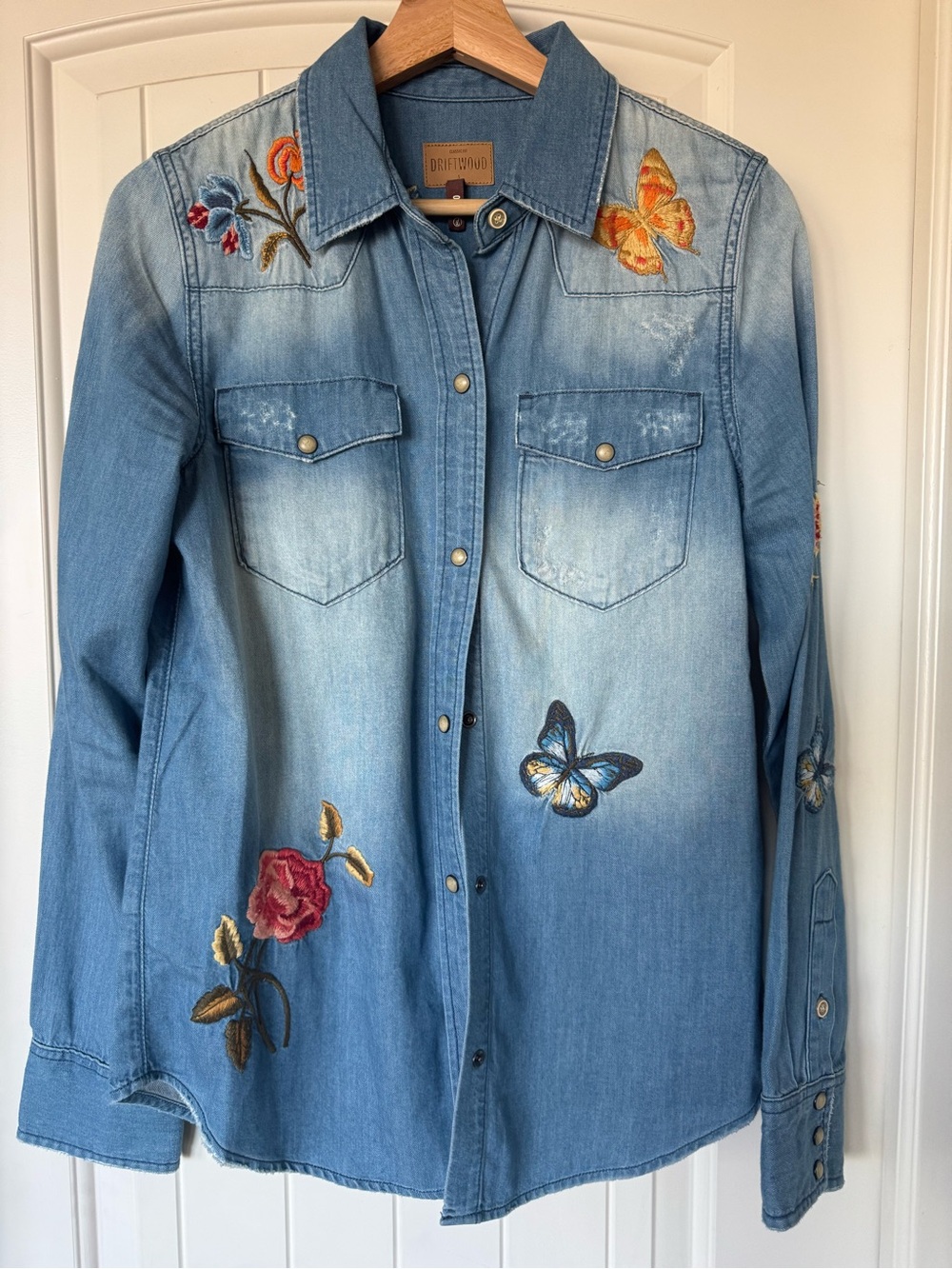 DRIFTWOOD Light Blue Embroidered Denim Shirt with Floral & Butterfly Motifs